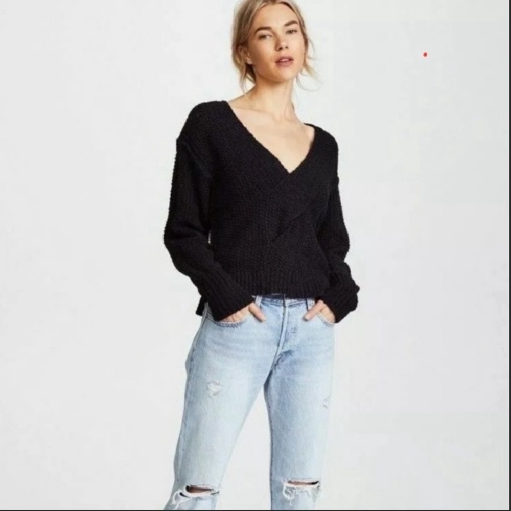 Free People Coco V Neck Front Twist Black Sweater